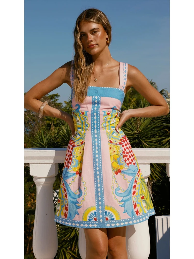 

2026 Summer Fashion New Women's Elegant Design Printed Dress Strap Vacation Storm Simia Temperament Short A-line Dress