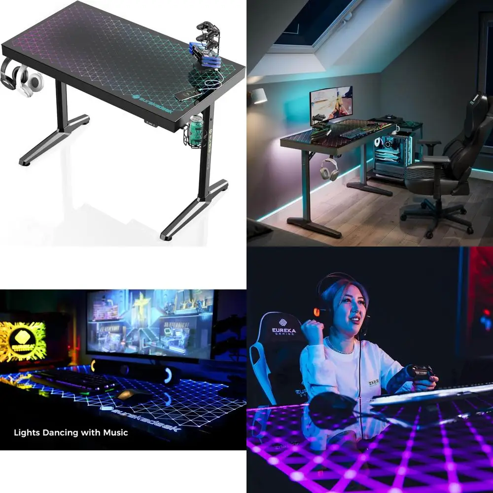 

Ergonomic RGB LED Gaming Desk with Music Sync Lights, Tempered Glass Top, 43 GTG Home Office Computer Desk
