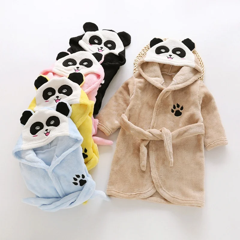 Autumn Winter Kids Sleepwear Baby Robes Flannel Bath Robe For Toddler Boy Girl Panda Hooded Nightgown Cute Childrens Pajamas