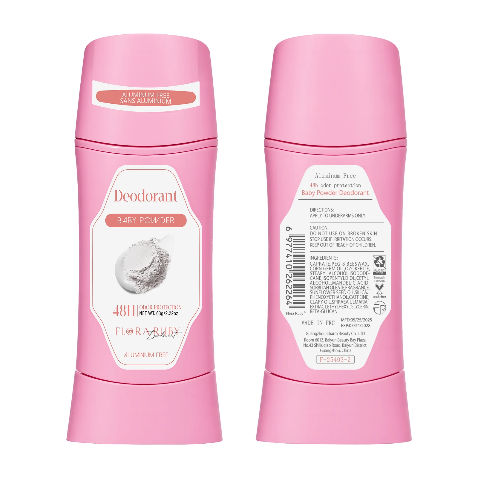 Deodoran Stick Flora Ruby Bebas Aluminium untuk Wanita, aroma bedak bayi, perlindungan bau 48 jam, aroma tahan lama