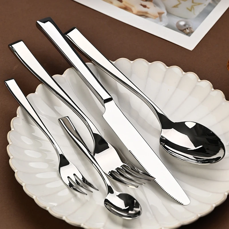 

Tableware set 304 stainless steel square handle thickened restaurant hotel household high-end knife fork set