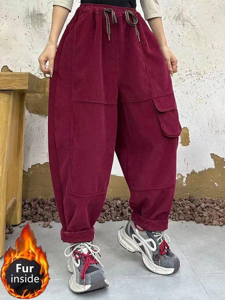 Amax LuluE, ropa de moda coreana, pantalones de piel Vintage holgados y cálidos para mujer, pantalones Harem clásicos informales con cintura elástica para invierno