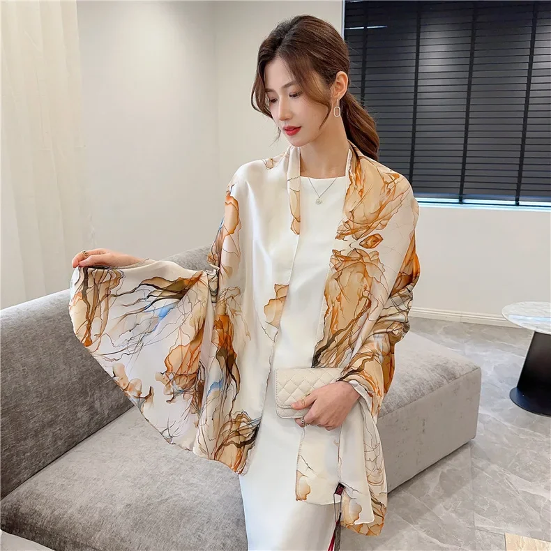 Spring Summer Autumn New Chinese Style Flowers Elegant and High Simulation Silk Scarf Women\'s Decorative Shawl Sunscreen Beach