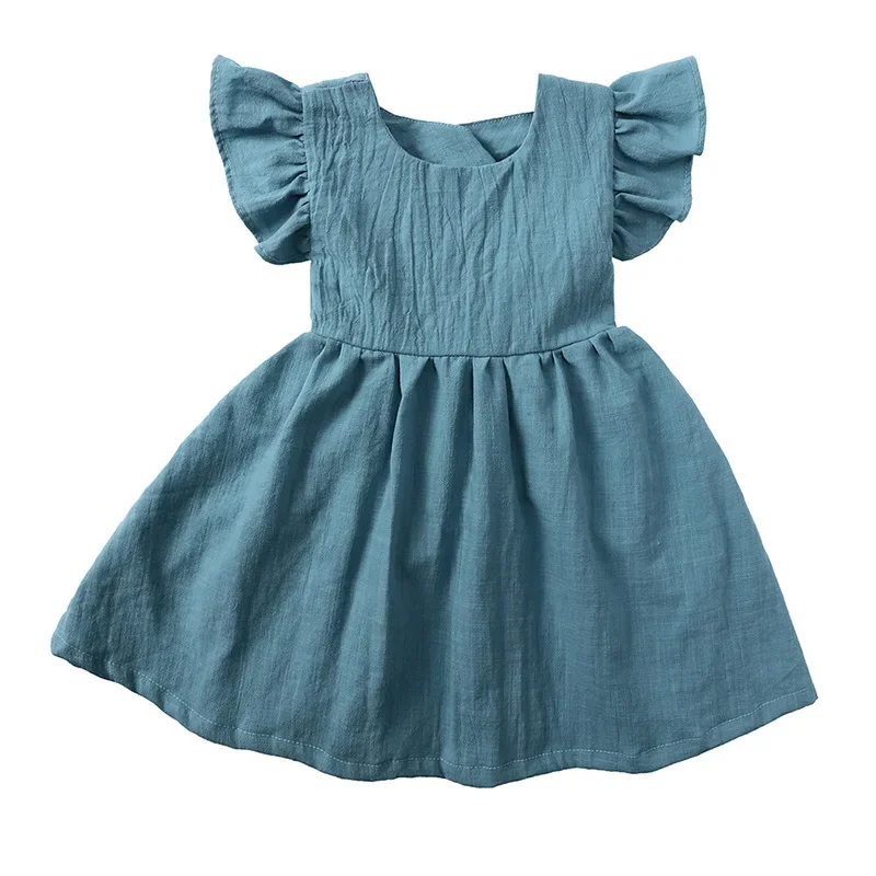 Baby Girls Summer Dress Baby Flying Sleeve Dress Bow Knot Dress Cotton Kids Casual Solid Girls Princess Dresses