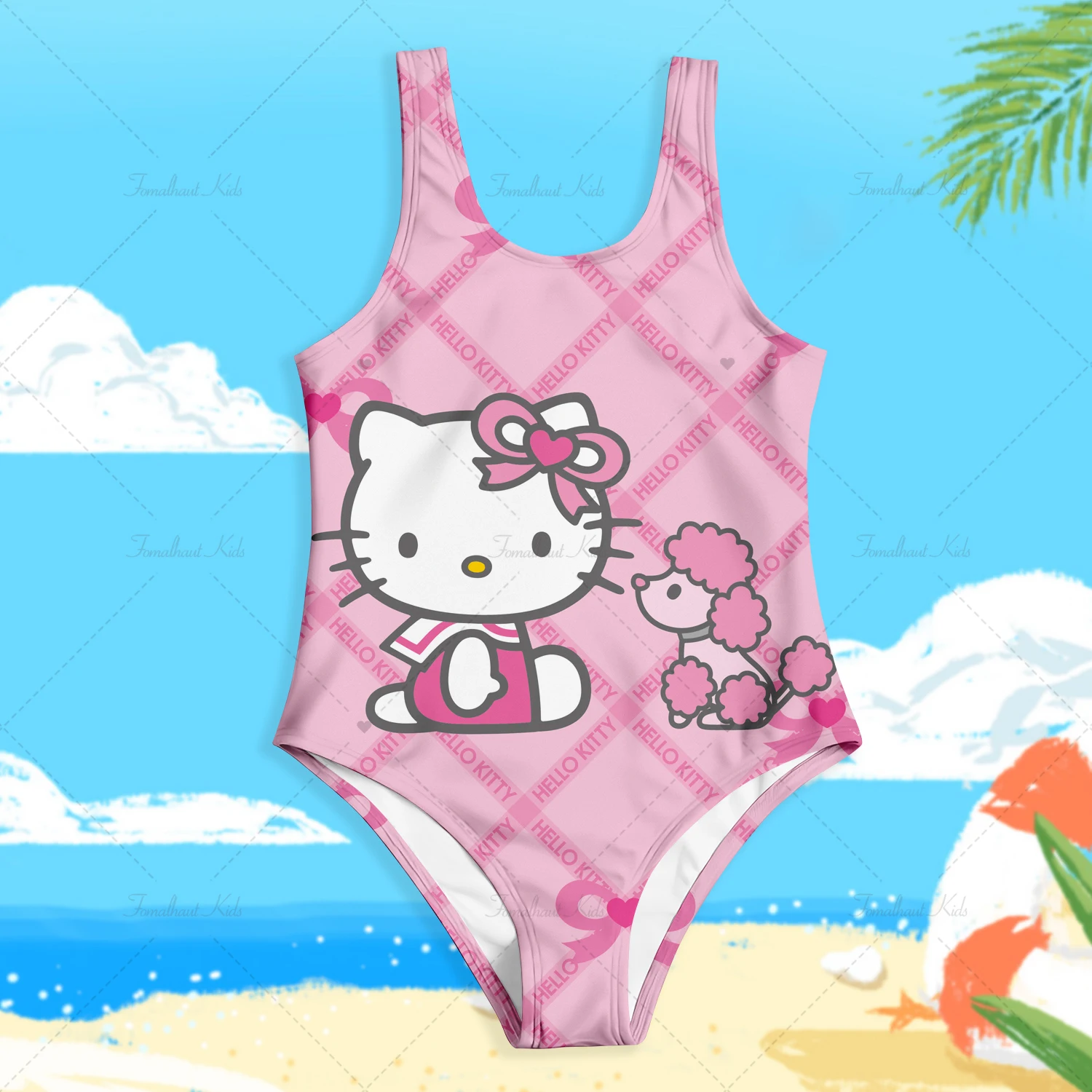 Lato MINISO jednoczęściowy strój kąpielowy moda kreskówka śliczny Hello Kitty drukuj stroje kąpielowe dla dzieci bez rękawów 4-14 lat odzież do