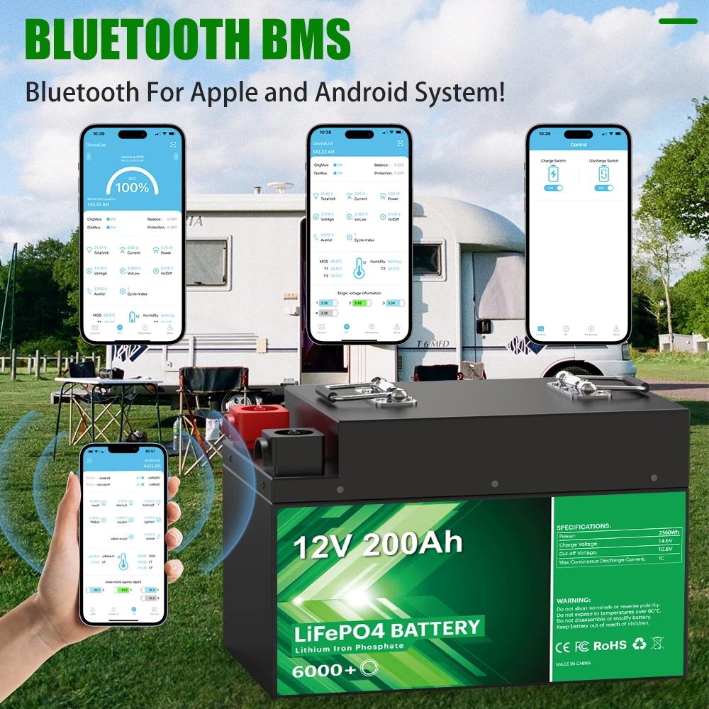Batería LiFePO4 de 12V, 200Ah, 2,56Kwh, más de 6000 ciclos, Bluetooth, 12,8 V, 100Ah, 300Ah, batería de litio para almacenamiento de energía Solar RV doméstico