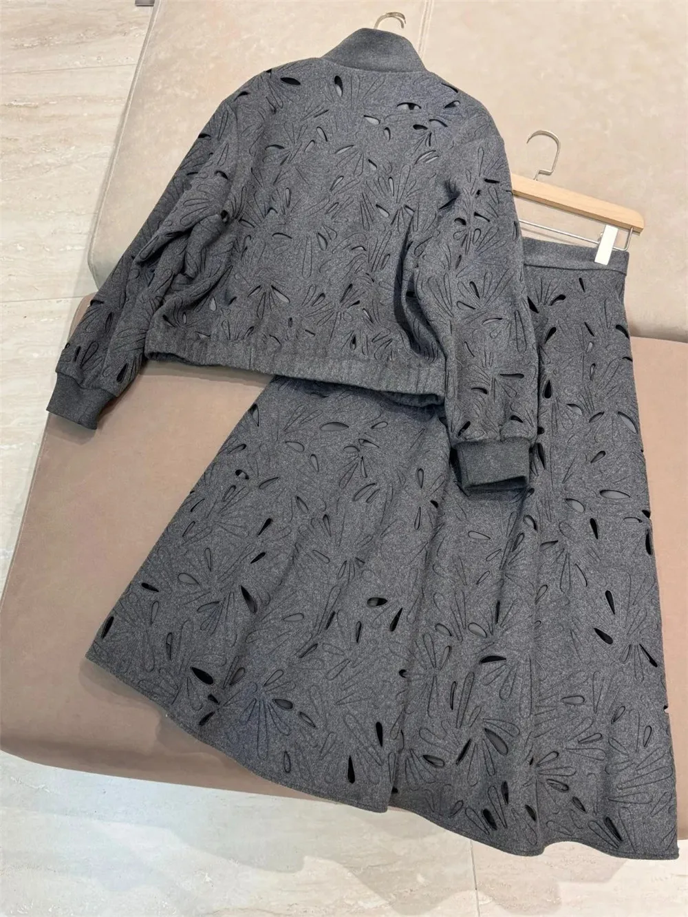 Women's Beaded Stand Collar Jacket, Coat, Hollow Pattern Wool A-Line Skirt, High Quality Clothing, 2 Pcs Set