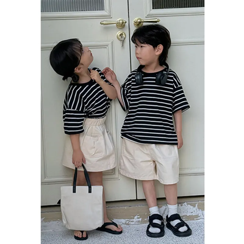 

Brother and Sister Matching Twins Clothes Sets Korean Baby Boy T Shirts Shorts Two Piece Outfits Kids Girl Tee Shirt Skirts Suit