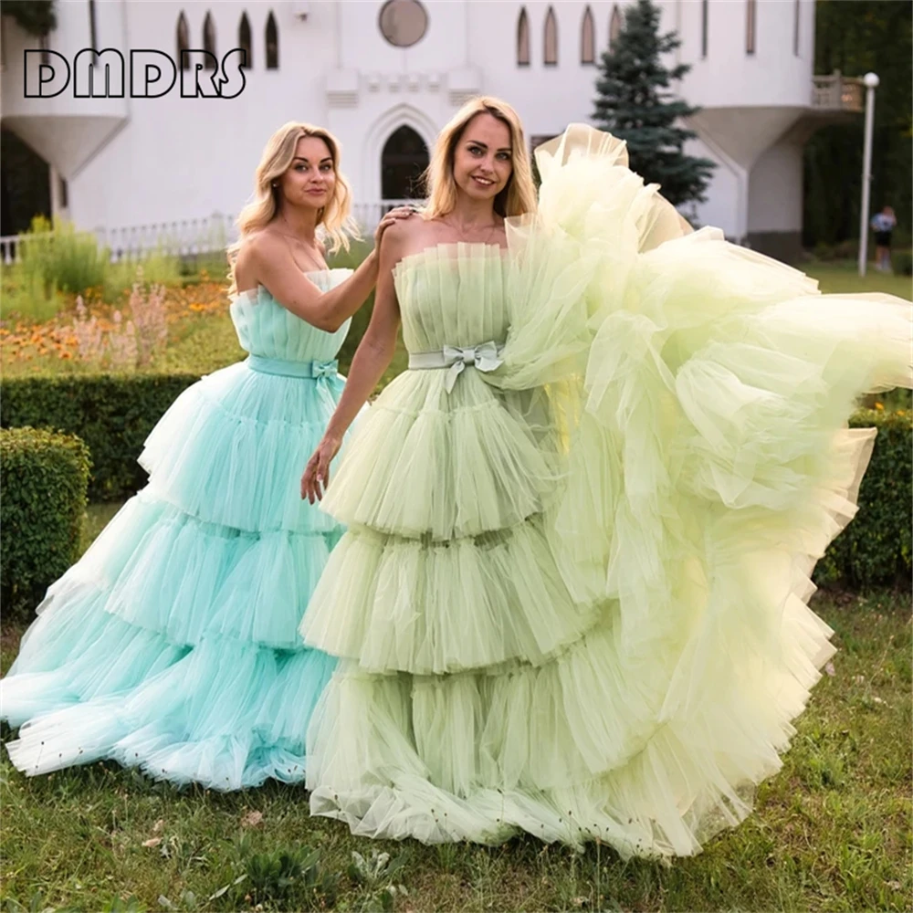 Mustard Green Fluffy Tiered Women Tulle Dress Strapless Ballgown Plus Size Lace-up Back Prom Dresses Party Gown Many Colors