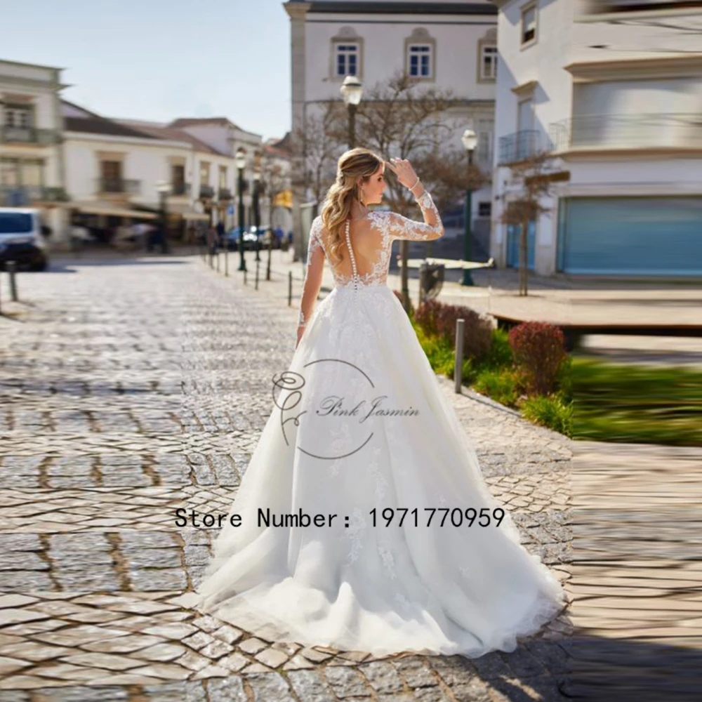 Ilusão mangas compridas vestido de casamento, Elegante Applique Traseiro, Tule com Botão, A Linha, Tribunal Trem Vestidos de Noiva