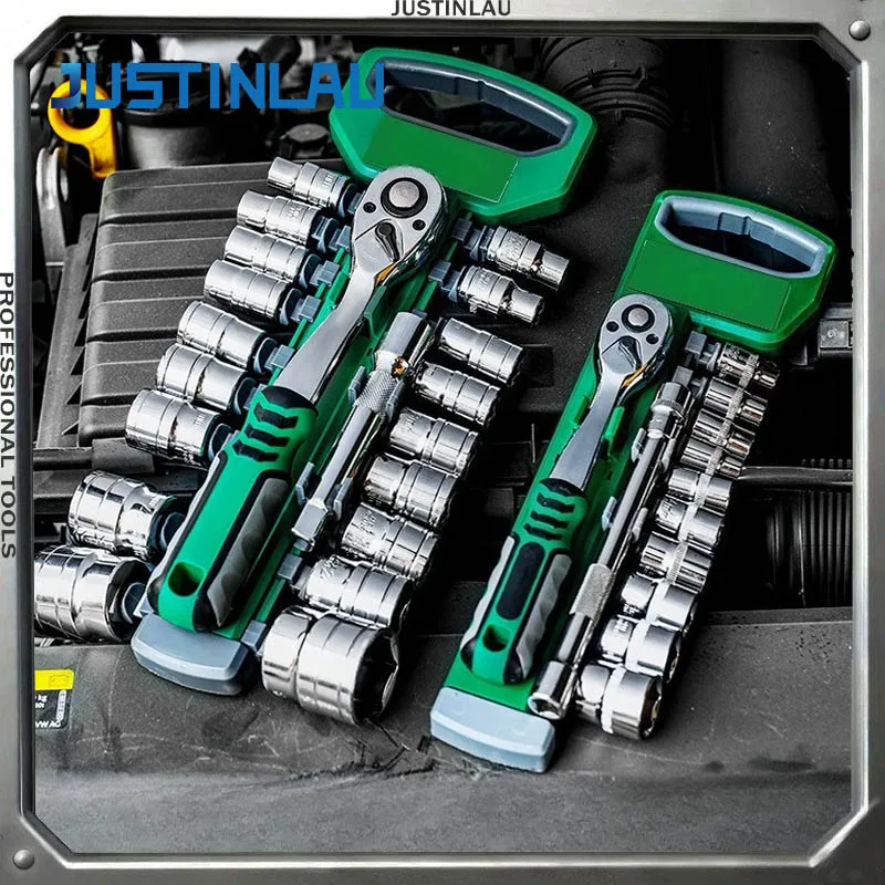 JUSTINLAU Multifunctional 72 Tooth 12 Pieces Ratchet Wrench Socket1/4 3/8 1/2metric Set for Automotive Repair and Household Tool