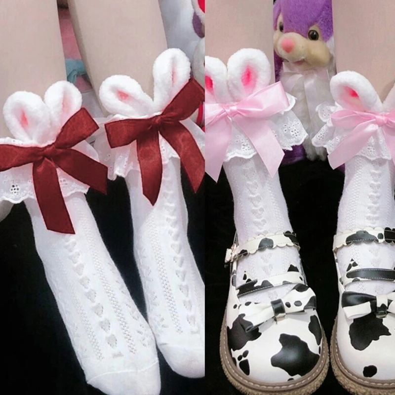 3D Bunny Ears Cotton Socks Women Girl Frilly Ruffle Lace Sweet Ribbon Bowknot Knitted Anklet Hosiery