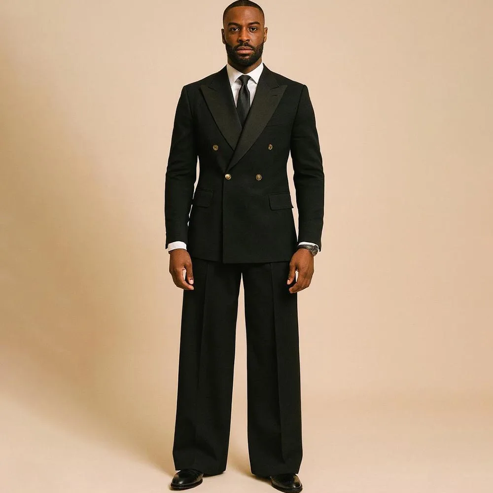 

Black Men's Suits For Business 2026 Luxury Double Breasted Peak Lapel StraighT 2 Piece Jacket Pants Full Sets Costume Homme