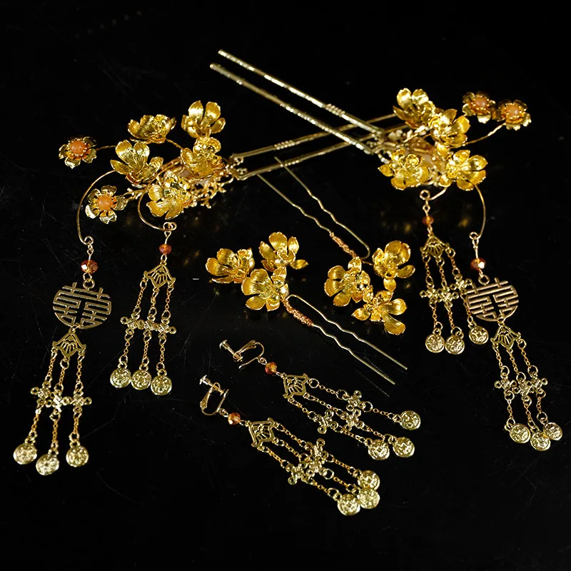 دبوس الشعر الذهبي مشبك الأذن غطاء الرأس الزفاف Xiuhe شيونغسام وثوب هان الملابس الصينية إكسسوارات الشعر مزاجه بسيط