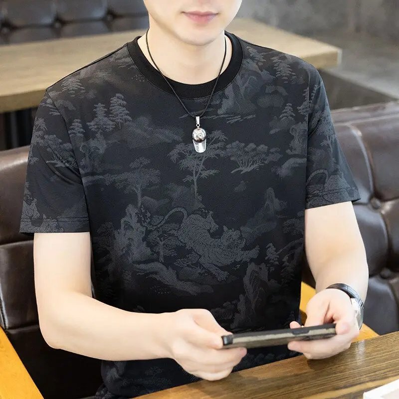 

Lightweight Short Sleeve T-Shirt Men Ice Silk Fabric Summer Cool Touch Round Neck Ink Painting Design