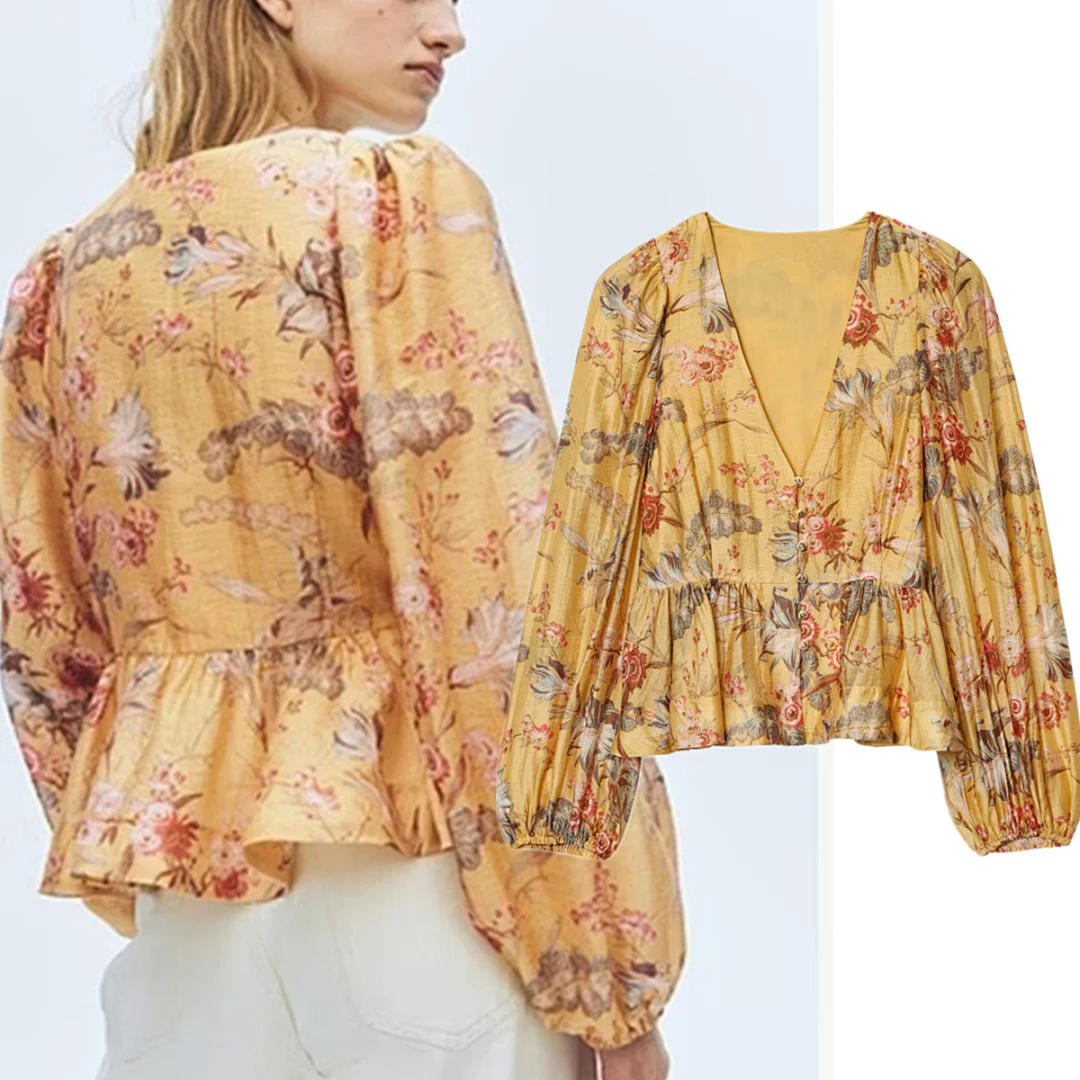 

Jenny&Dave 2026 French Romantic Indie Folk Yellow Floral Print V-neck Blouse Women Shirts & Blouses Women's Clothes Shirts Tops
