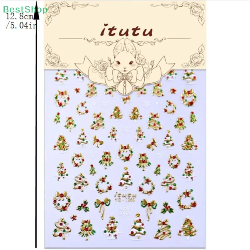 ♥ Autocollant pour Nail Art sur le thème de noël, décalcomanies 3D en Relief pour arbre de noël/couronne/renne, décor de manucure auto-adhésif à faire soi-même