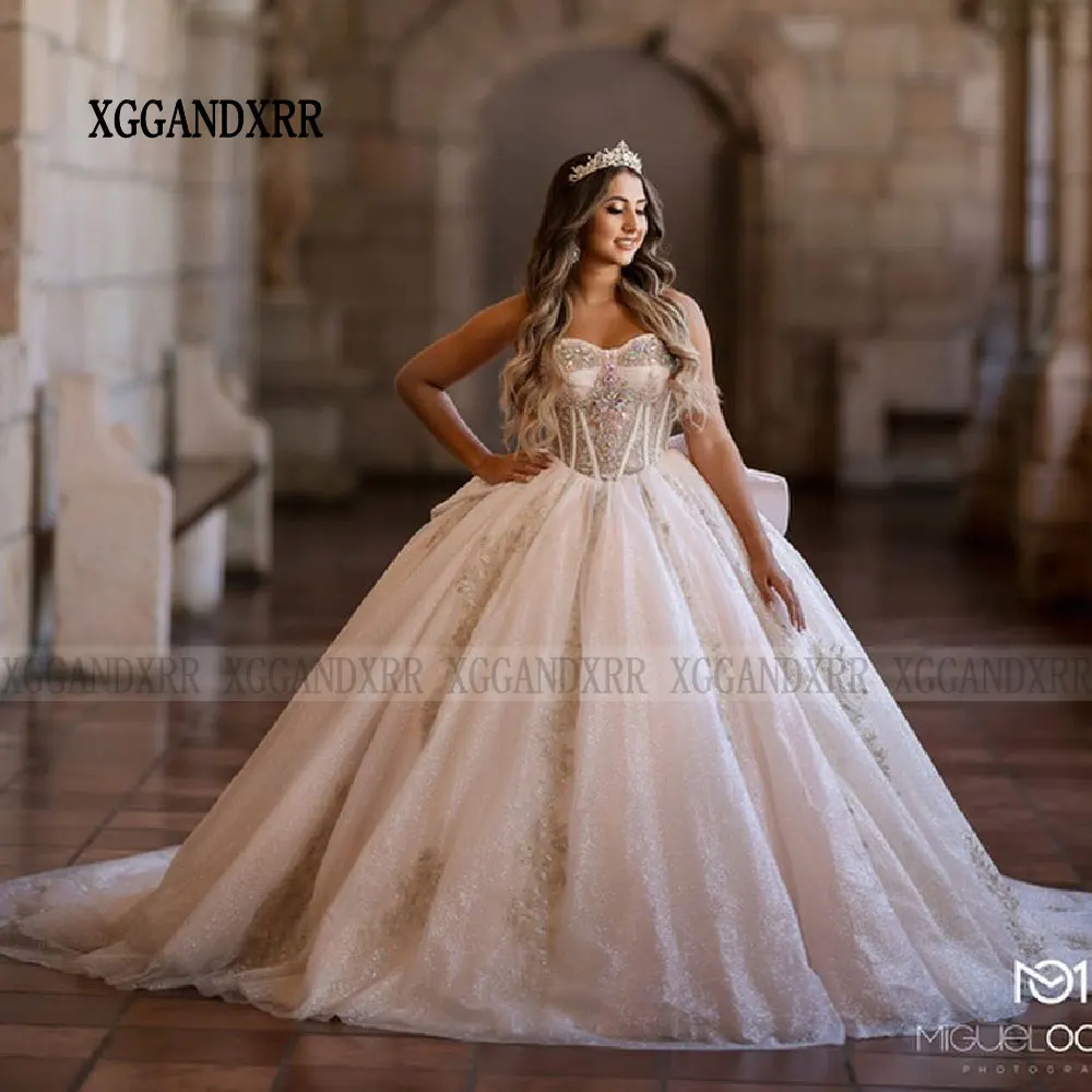 Vestidos De Quinceañera De encaje con apliques florales champán, vestido De baile sin hombros, Vestidos De cumpleaños con lazo De 15 Años, dulce 15 16, 2024