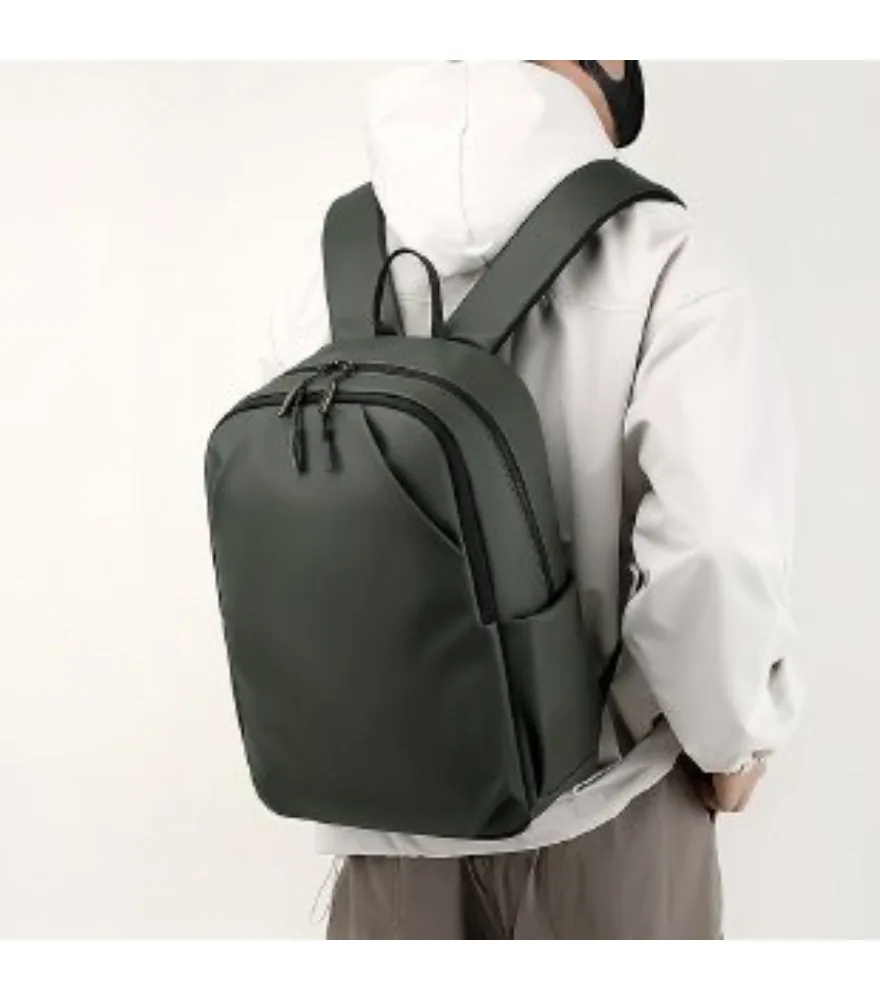 Black sleek laptop backpack with gold zipper pulls anti splash side pockets for men daily office commute short travel