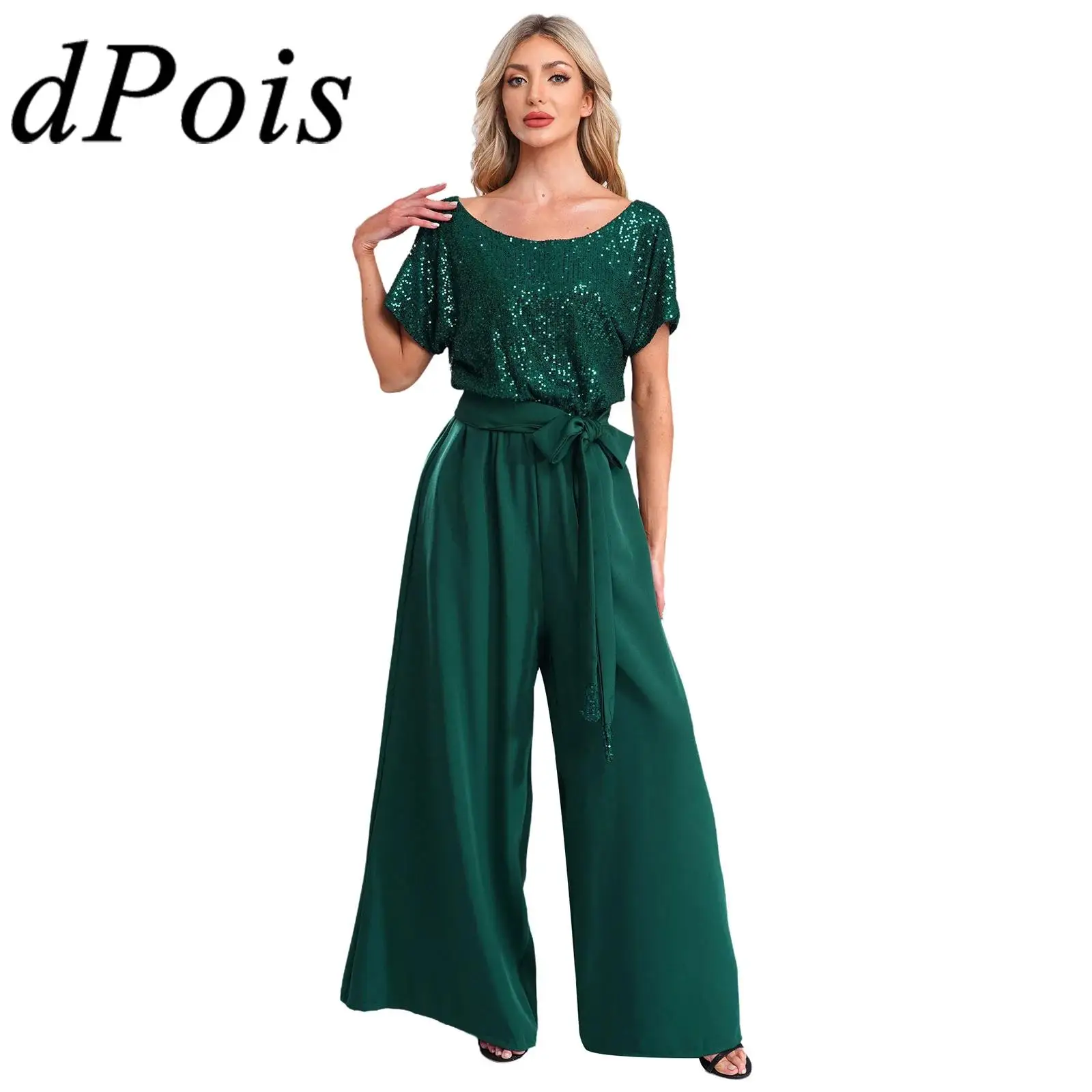 

Женский комбинезон, модная одежда, комбинезон с короткими рукавами и блестящими пайетками, открытой спиной и поясом для свадьбы, банкета, вечеринки, работы, поездок на работу