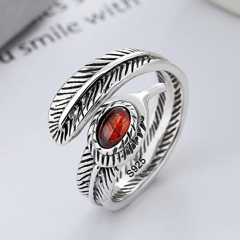 

925 Sterling Silver Rings for Women Couple Minimalist Handmade Simple Red Stone Feather Ring Fine Jewelry Gift Prevent Allergy