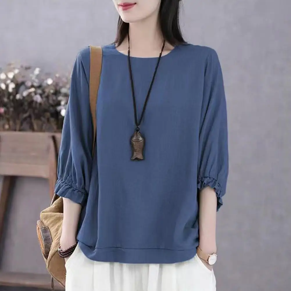 เสื้อสวมหัวกลมแขนสามส่วนของผู้หญิงเสื้อผ้าสตรีเสื้อยืดท็อปแบบตัวสั้นฤดูใบไม้ผลิและฤดูใบไม้ร่วง