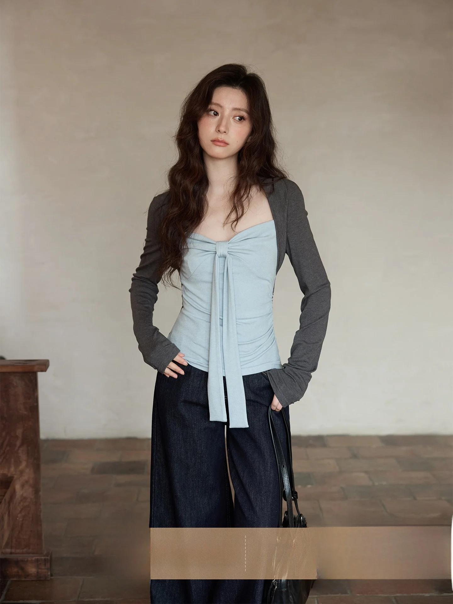 

Elegant Slim Fit Long Sleeve T-Shirt Spring 2026 New Arrival Korean Style Top Short Fake Two-Piece Casual Women's Fashion