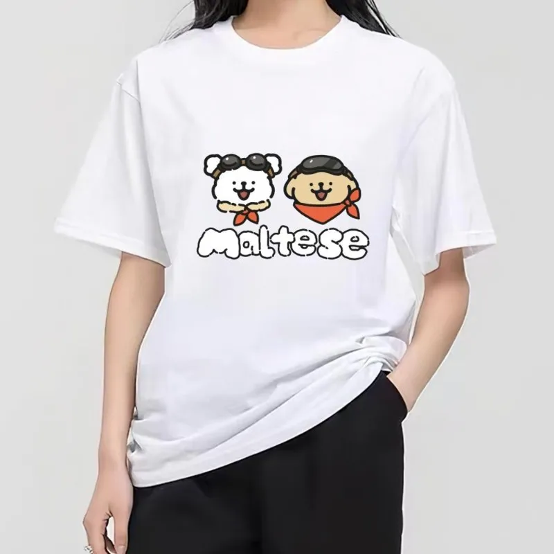 Kawaii Line Dog Maltese T Shirt Women Couple Combination Clothes Short Sleeve Collar Fashion Man Cotton