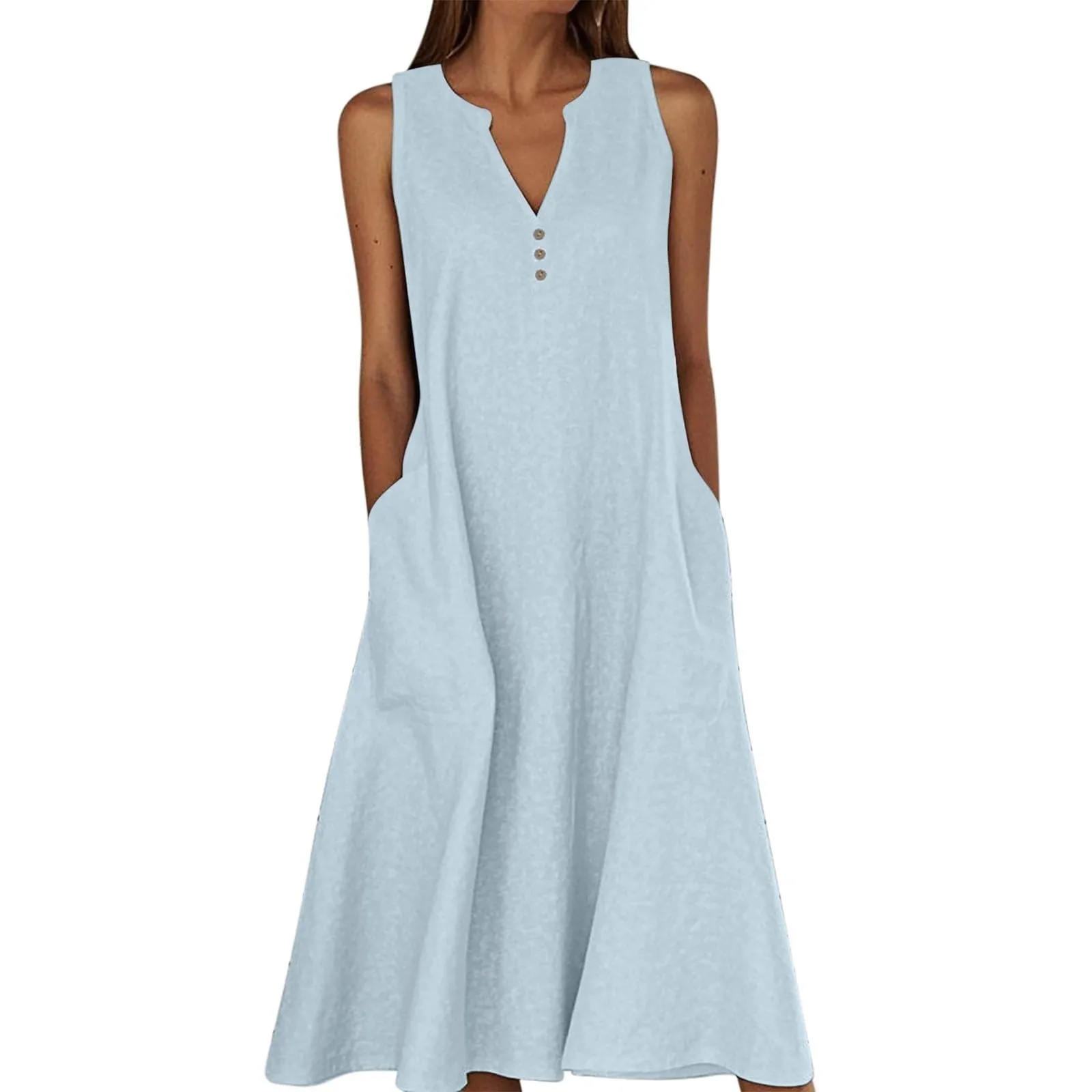Breathable Summer Women Midi Dress Linen Blend Notch V Neck Dress Button Sleeveless Loose Fit Dresses Comfy Casual Beach Outfit