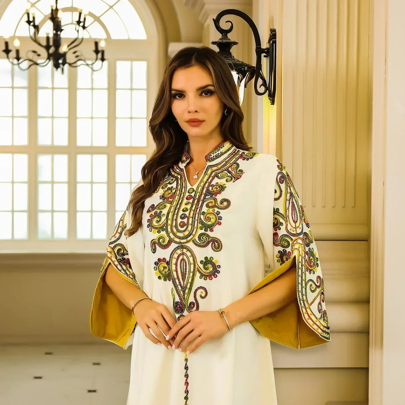 Muzułmański kolorowy kwiatowy haft Abaya kobiety elegancka długa sukienka z rozcięciem rękaw Jalabiya moda szata z dekoltem w serek luźna suknia Kaftan Eid