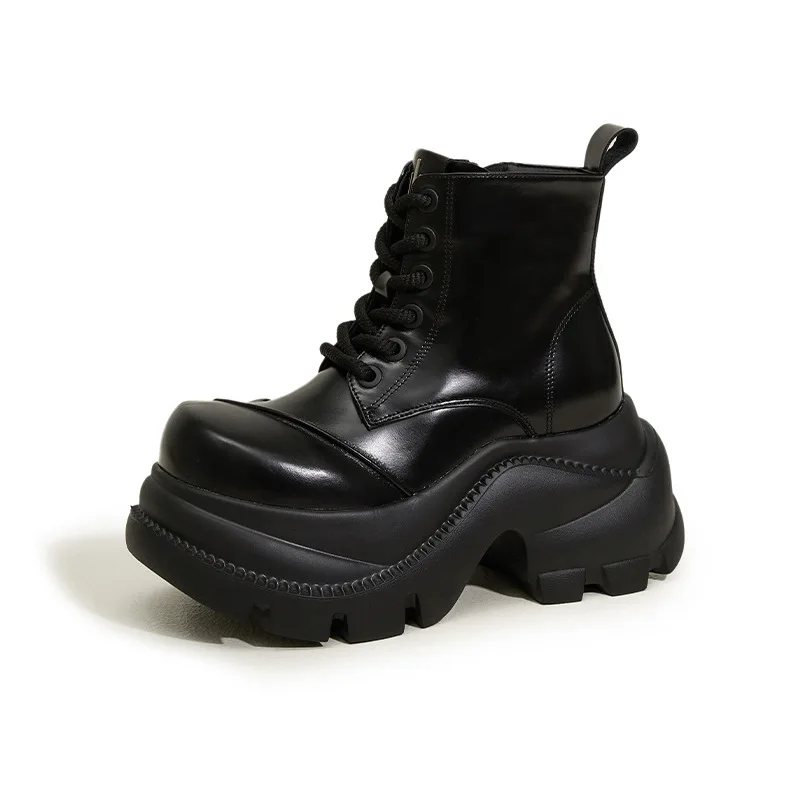 

Fashion 9cm Genuine Leather Spring Women Autumn British Motorcycle Fashion Ankle Boots Platform Wedge Flats Slip on Shoes