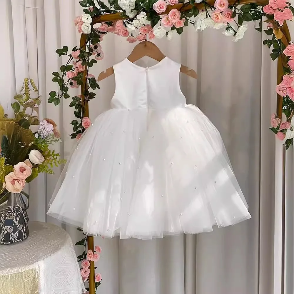 2024 Baby Meisje Prinses Bloemen Zijden Parel Hals Jurk Korte Poff Mouw Kind Vintage Strik Vestido Party Optocht Verjaardag Jurken