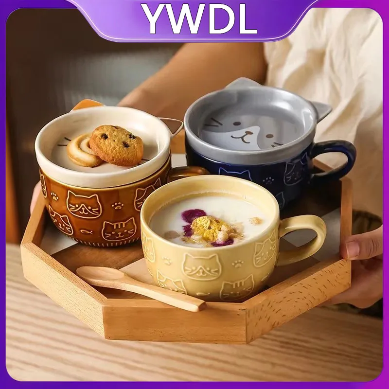 Taza de Café con Diseño de Gato Japonés YWDL, con Tapa con Patrón de Gato, Plato Pequeño, Taza de Desayuno Linda, Taza de Café Creativa, Taza para Leche, Regalo