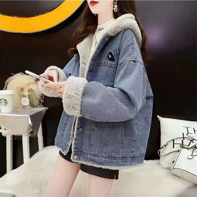 2024 Winter Spring New in Women\'s Denim Jacket Blue with Hat Hoodie Fashion Oversize Embroidered Streetwear Jean Coat Outerwears