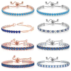 Blue Crystal Tennis Bracelets for Women Men Trendy Adjustable Various Shapes Iced Out CZ Short Chain on Hand Trendy Jewelry