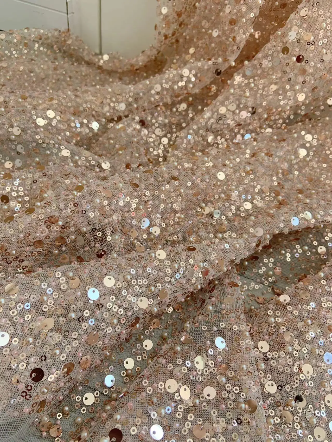 1 Yard Sequins Beaded Rose Gold Tulle Lace Fabric for Wine Red Wedding Dress,Evening Party Skirt,Ball Gown,Sparkle Dance Costume