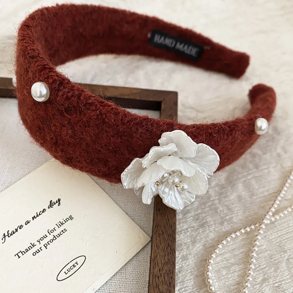 

Korean Style Flocking Flower Headband Sweet Exquisite Floral Pearl Hair Hoop Non-Slip Vintage Wide Edge Hairband Women