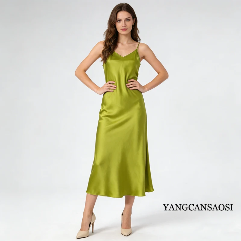 2026 Moda donna Nuovo 21MM 100% seta di gelso naturale pianura raso esteso francese sexy tracolla regolabile abito solido