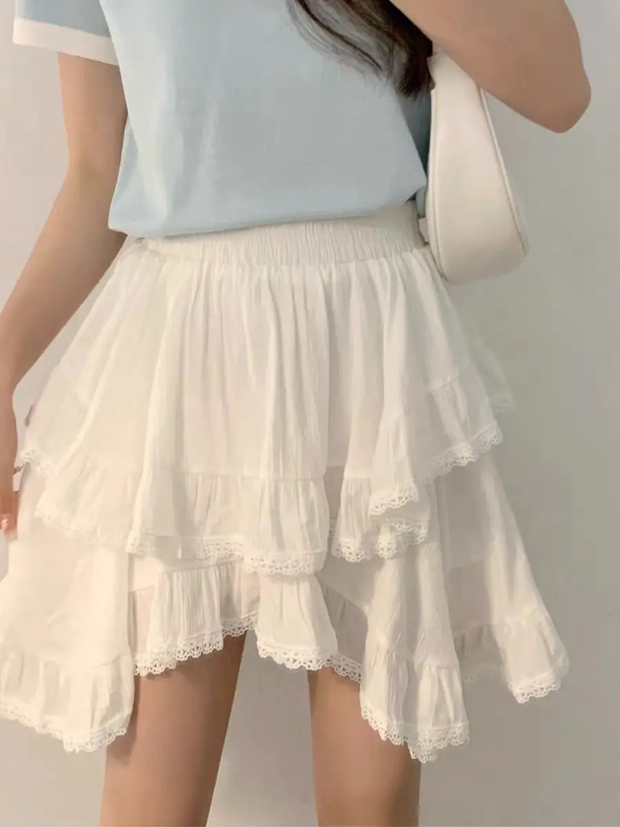 Elastic Waist White Black Irregular Mini Kawaii Skirt Japanese Style School Y2k Aesthetic Ruffles Folds Lace Short Women Skirt