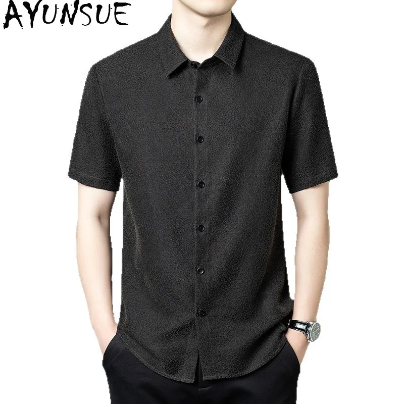 

AYUNSUE High Quality Watered Gauze 100% Real Mulberry Silk Shirts for Men Luxury Summer Man Short Sleeve Shirt Fashion Top Shirt