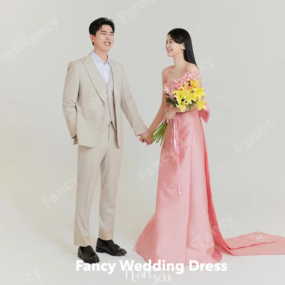 

Fancy Simple Pink A Line Korea Wedding Dress Photoshoot Satin Sleeveless Evening Gowns Bow 웨딩드레스 Back Zip Custom Made