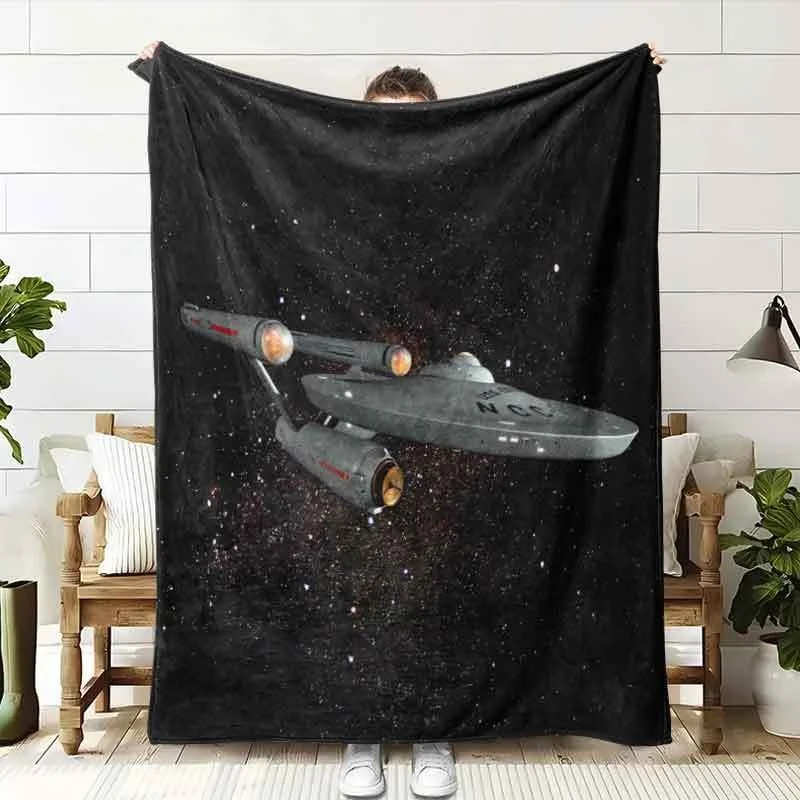 Space Starship Galaxy Throw Blanket, Star Outer‑space Printed Soft Flannel Blanket for Space Enthusiast Home Use