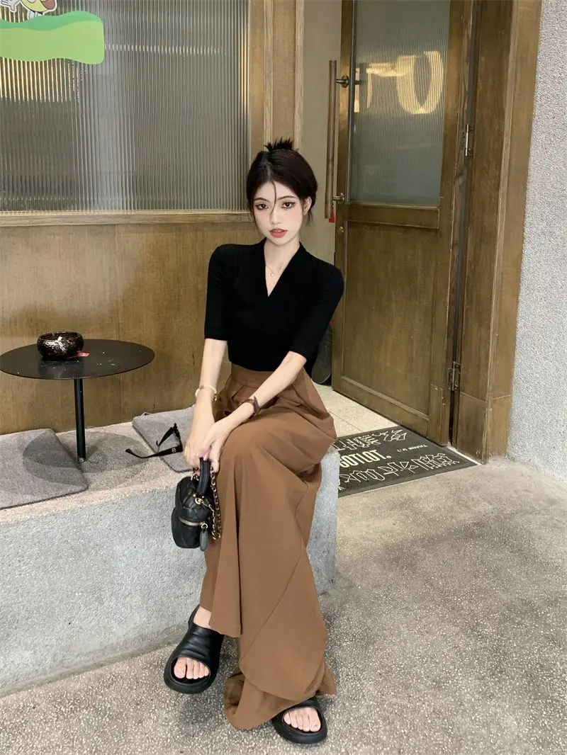 2025 spring and summer new women's slim fit black top+fashionable wide leg pants two-piece set