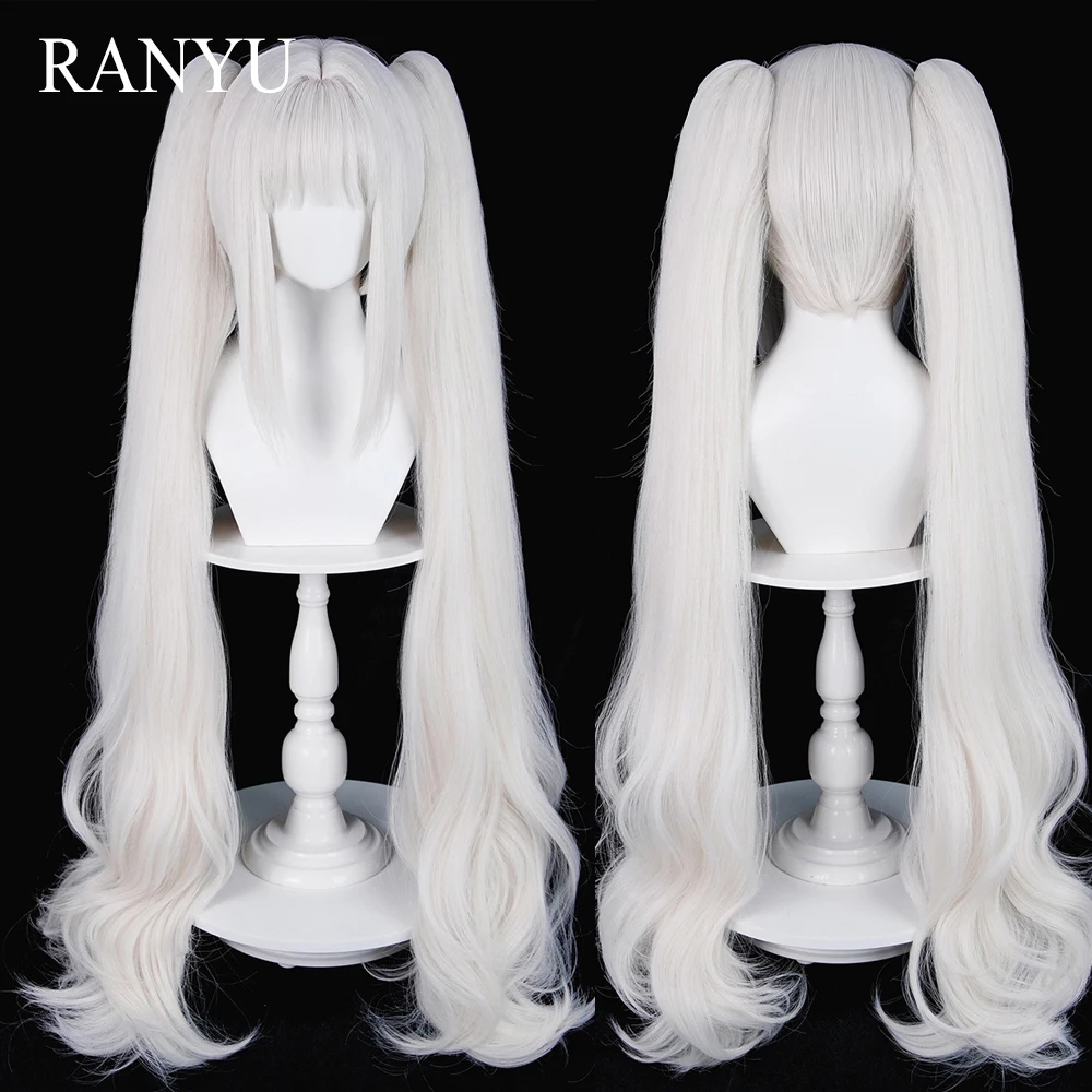 Short Straight White Synthetic Wigs with Bangs Long Double Ponytail Clip Anime Game Cosplay Fluffy Wig for Daily Party