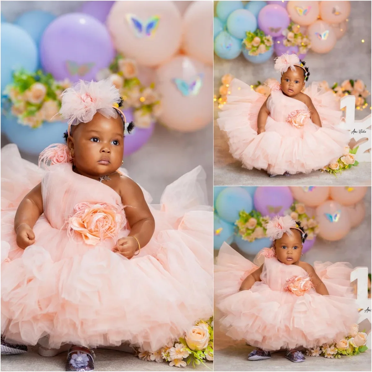

Pink Tulle Flower Girl Dresses for Weddings Floral One Shoulder Kids Little Bride Evening Party First Communion Ball Gowns