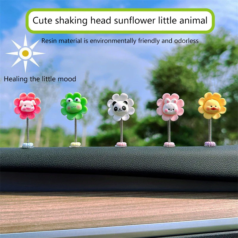 2/5Pcs Car Dashboard Ornament Cute Shaking Head Center Console Decoration Cartoon Creative Animal Sunflower Small Ornaments