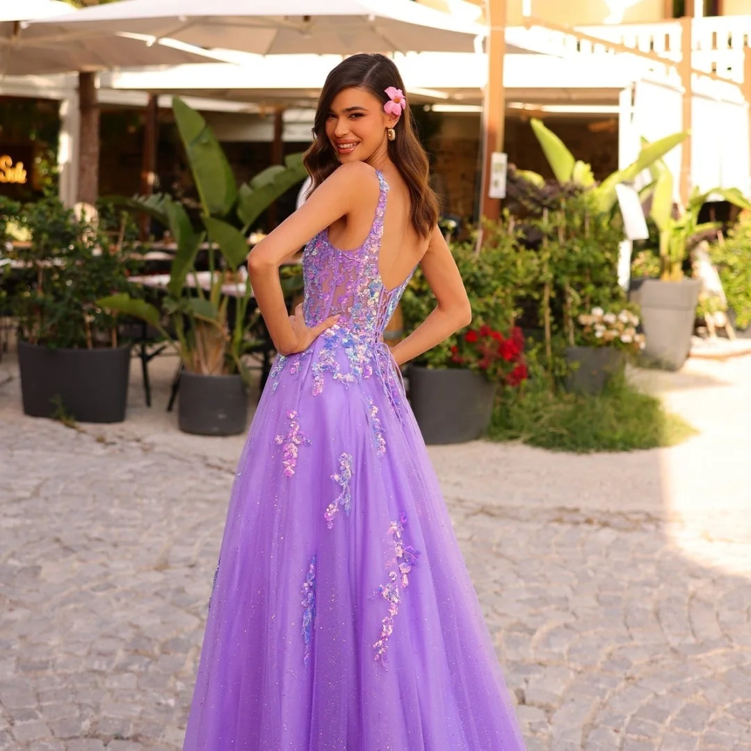 Tulle Spaghetti Straps A-line Prom Dresses Lilac U-neck Flower Applique Sequin Graduation Dress Sparkly Backless Long Party Gown