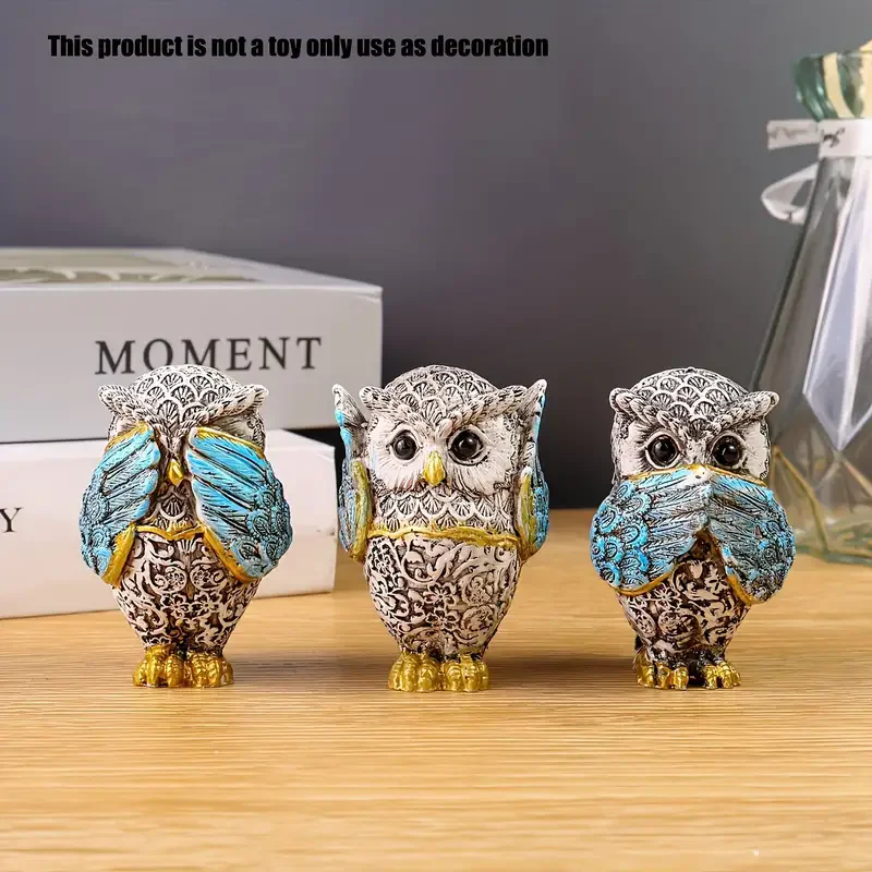 3 pieces resin owl statues, decorative crafts for various room types, indoor use, no electricity required