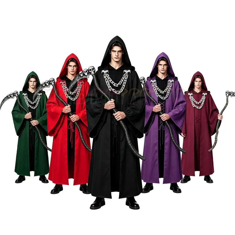 Halloween Dark Chain Hooded Robe Set Medieval Wizard Priest Cosplay Set Role Playing Party Costume