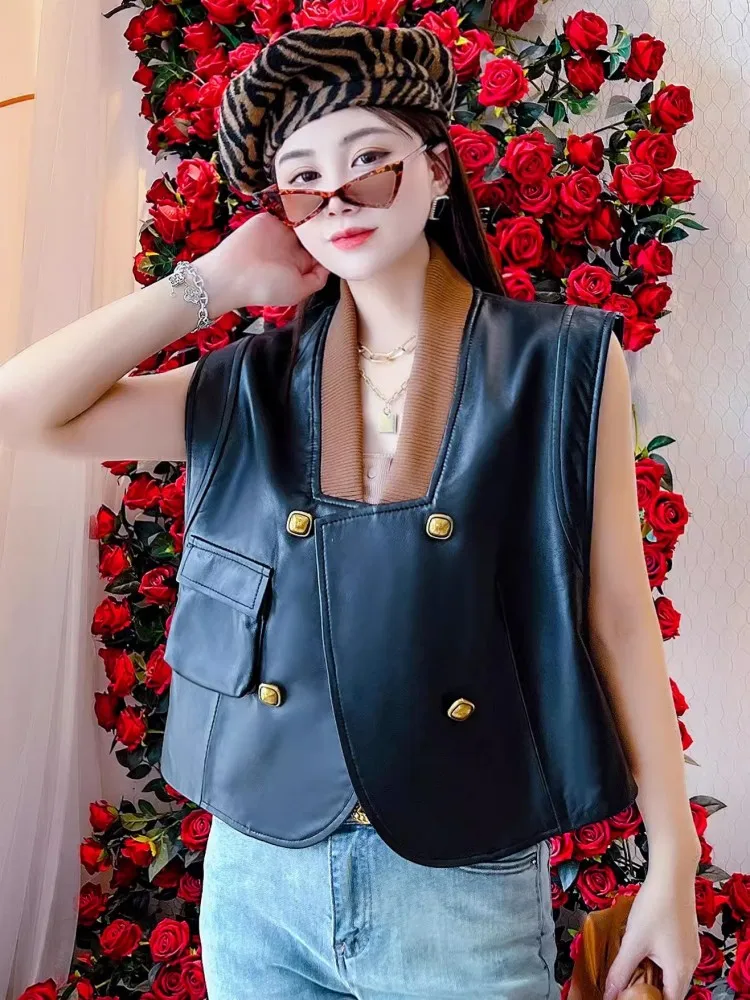 Streetwear Women Spliced Collar Double Breasted Vest Top Sleeveless Natural Sheepskin Genuine Leather Jacket Casual Outwear Coat